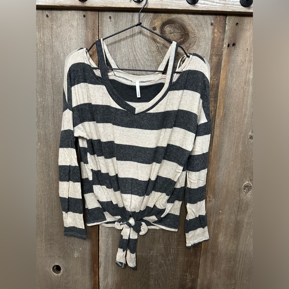 Sage Brushed Knit Slash Neck Striped Tie Front Top in Washed Black Cream Small